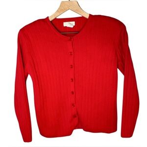 Yarn Works Vintage Cherry Red Rib Knit Cotton Preppy Cardigan Sweater Sz M